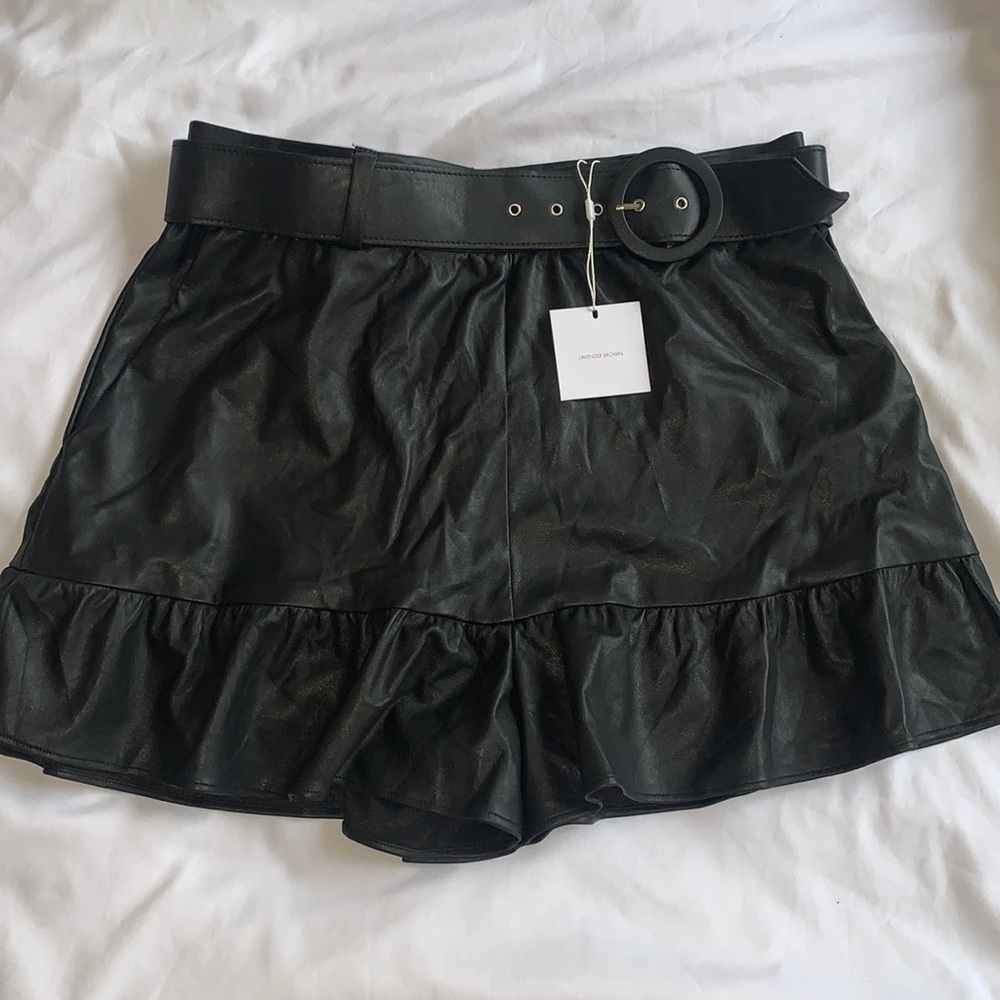 Lavender Brown Belted Faux Leather Ruffle Mini Skort, size: L